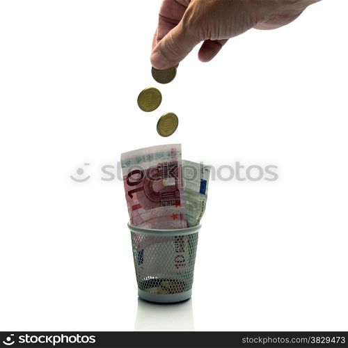 hand throws euro money in container