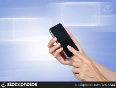 Hand touch screen to smart phone with blue-violet icons background.