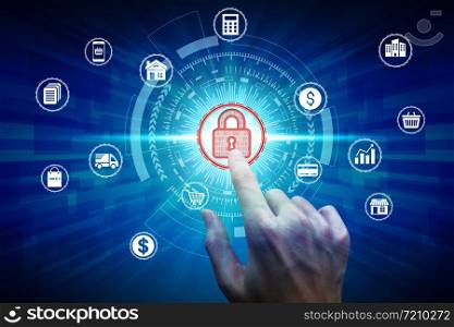 hand touch virtual padlock icon over the Network connection, Cyber Security Data Protection Business Technology Privacy concept.