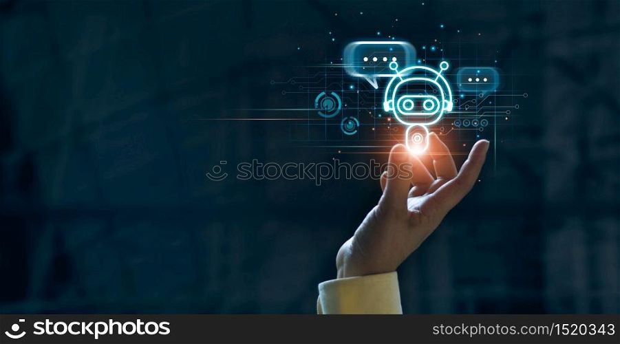 Hand touching digital chatbot for provide access to information and data in online network, robot application and global connection, AI, Artificial intelligence, innovation and technology.