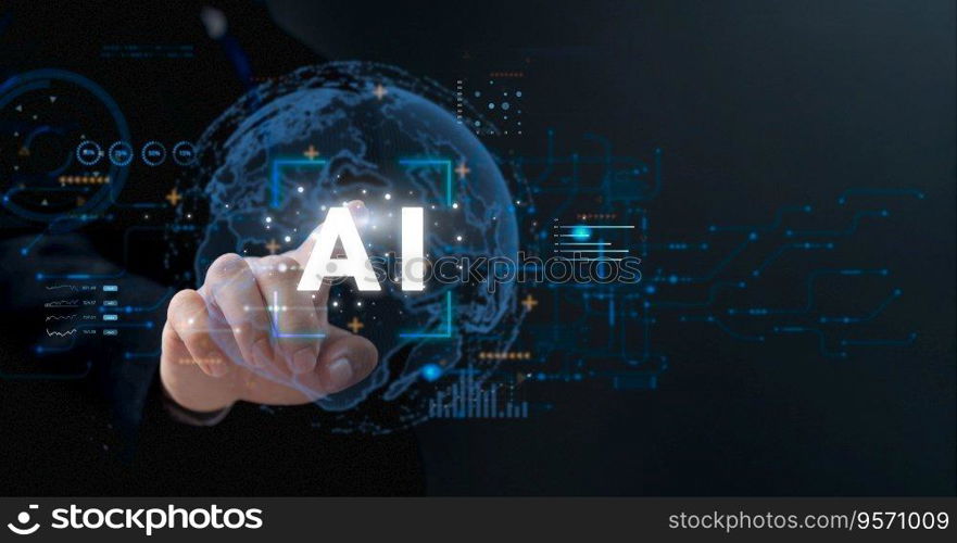 Hand touching global and icon futuristic Artificial intelligence AI ??virtual world. machine learning and digital big data technology digital marketing, Financial banking network connection