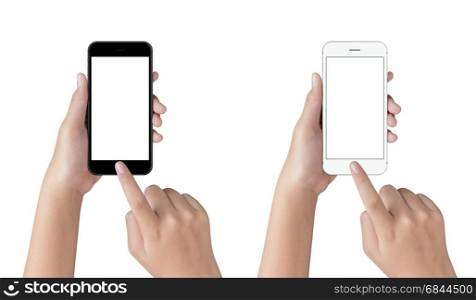 hand touching on phone isolated with clipping path on white background, blank screen on mock up smart phone for adjustment your app screen