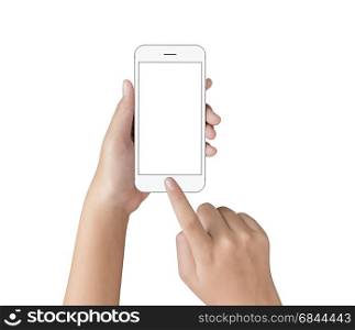 hand touching on white phone screen isolated with clipping path on white background, blank screen on mock up phone for adjustment your app screen