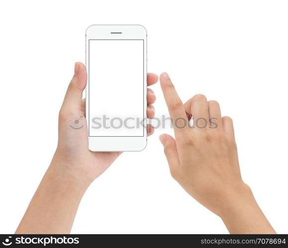 hand touching phone mobile screen isolated on white, mock up smartphone blank screen easy adjustment with clipping path