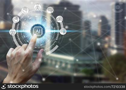hand touching virtual screen Artificial Intelligence technology icon over the Network connection, Artificial Intelligence Technology Concept
