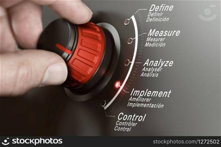 Hand turning a DMAIC knob over grey background and selecting the different phases. Lean management training concept. Composite image between a hand photography and a 3D background.. DMAIC or DMAAC, Lean Manaufacturing and Processes Imporvement.