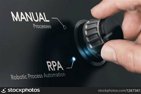 Hand turning a knob over dark grey background and selecting RPA (Robotic Process Automation) mode. Artificial Intelligence concept. Composite image between a hand photography and a 3D background.. RPA, Robotic Process Automation.