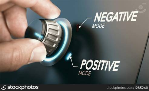 Hand turning a knob to switch from negative to positive mindset. Psychology concept. Composite image between a photography and a 3D background.. Change to positive attitude. Psychology concept.