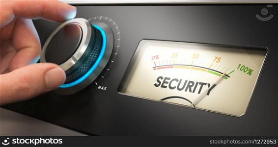 Hand turning a knob up to the maximum, Concept image for illustration of security improvement.. Security