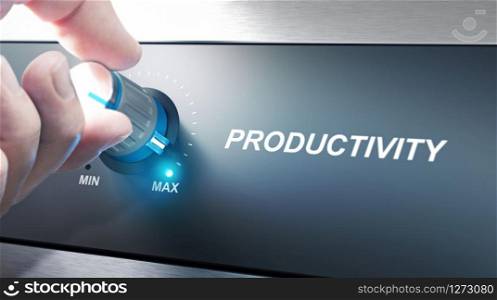 Hand turning a productivity knob. Concept for productivity management. Composite image between an photography and a 3D background.. Productivity Management and Improvement