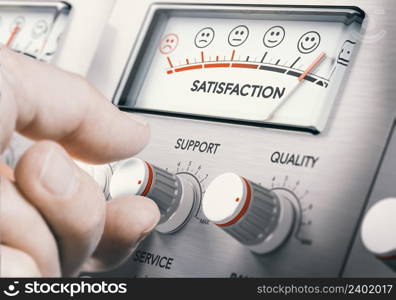 Hand turning a rotating button to increase customer service satisfaction. Composite image between a hand photography and a 3D background.. Improve support, quality and service to increase customer satisfaction.