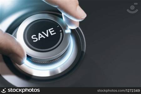 Hand turning a save knob to the maximum position. Concept of money savings expert over black background. Composite image between a hand photography and a 3D background.. Saving Money Concept, Financial Expert Background