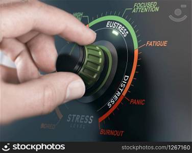 Hand turning a switch to manage stress level and setting it to eustress instead of distress. Composite between a photography and a 3D background.. Eustress Positive Stress, Management