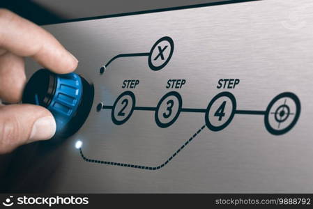 Hand turning knob to modify a workflow and create a shortcut. Focus on postmarketing surveillance stage. Composite image between a hand photography and a 3D background.. Workflow optimization. Skipping steps.