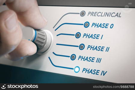 Hand turning knob to select phases of vaccine clinical trial. Focus on postmarketing surveillance stage. Composite image between a hand photography and a 3D background.. Medical Research, Phases of Vaccine Clinical Trials.