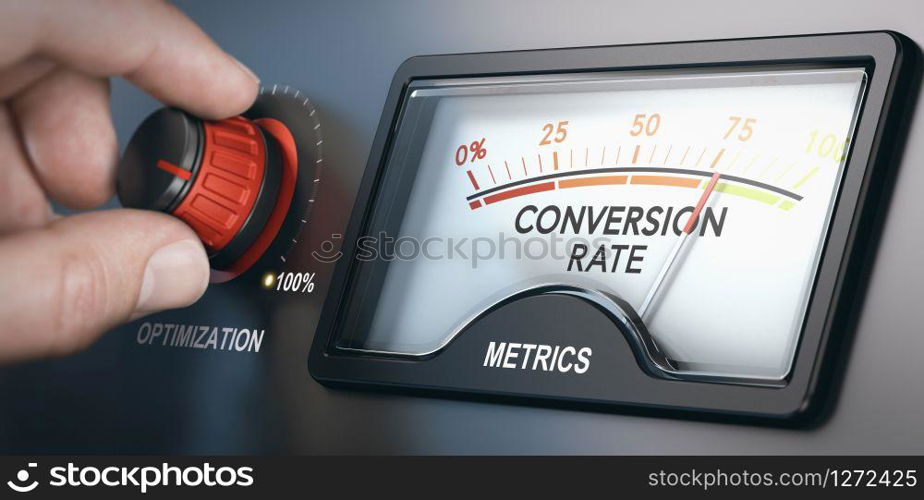 Hand turning optimization knob up to 100 percent and dial indicating conversion rate metrics. CRO concept. Composite image between a hand photography and a 3D background.. Conversion Rate Optimization Tool