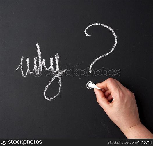 hand typed with white chalk a question mark on a black chalkboard, copy space, the word is written why