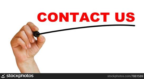 Hand underlining CONTACT US with red marker