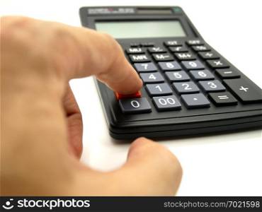 Hand use calculator isolated on white background.