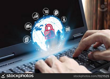 hand use laptop computer with padlock icon technology, Cyber Security Data Protection Business Technology Privacy concept
