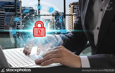 hand use laptop computer with padlock icon technology, Cyber Security Data Protection Business Technology Privacy concept