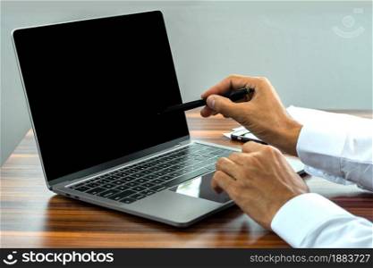 Hand using computer notebook work business on internet technology