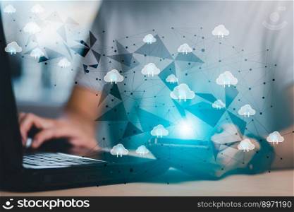 Hand using laptop with touch connect to data information on the Cloud Computing Technology Internet Storage Network Concept, big data internet technology, Cloud sharing download and upload.