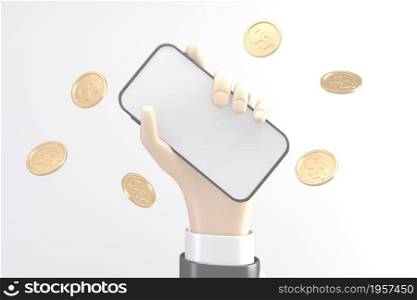 Hand using mobile phones and coins spread out on white background .3D rendering