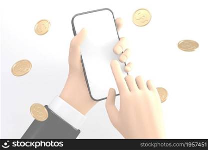 Hand using mobile phones and coins spread out on white background .3D rendering