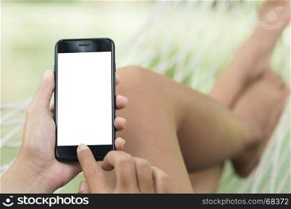hand using phone showing blank screen
