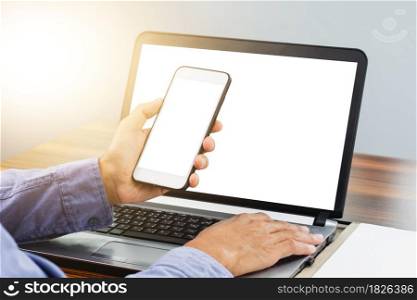 Hand using smartphone mobile internet technology work in office