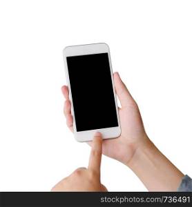 Hand using smartphone with blank screen isolated on white background, people and technology mockup