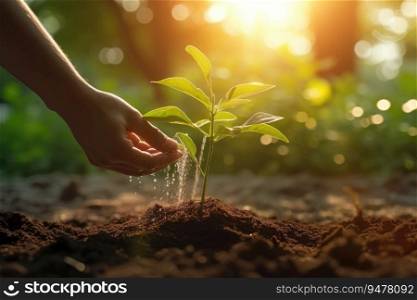 Hand watering seedling growing step in garden with sunshine. Concept of business growth, profit, development and success. Start-up business. Generative AI