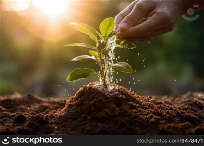 Hand watering seedling growing step in garden with sunshine. Concept of business growth, profit, development and success. Start-up business. Generative AI