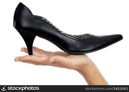 Hand whit shoe a over white background