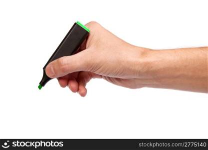 Hand with a marker drawing isolated over white background