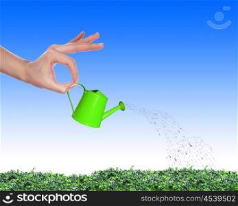 Hand with a small watering can watering green grass