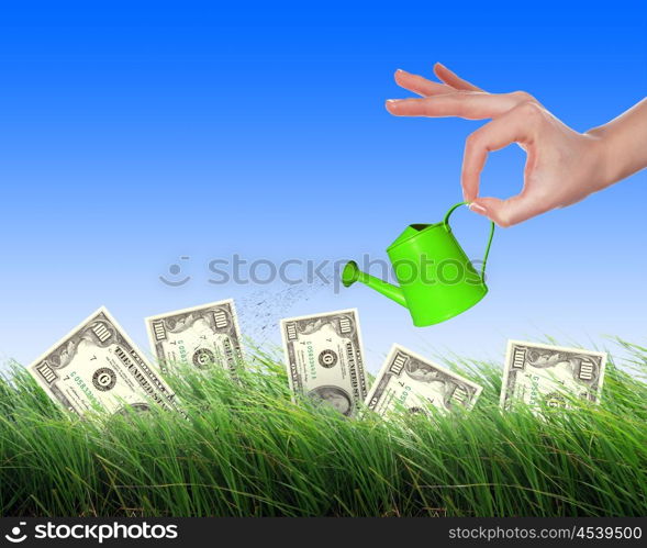 Hand with a small watering can watering green grass and shrubs of dollar bills