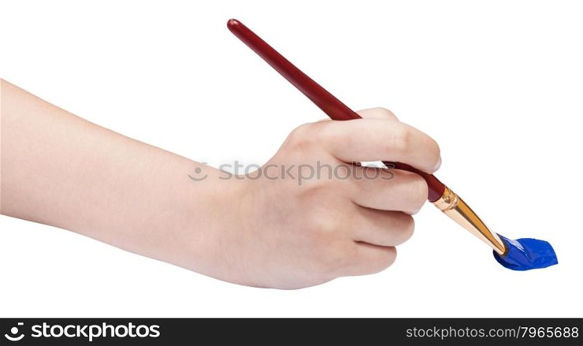hand with artistic flat paintbrush paints in blue isolated on white background