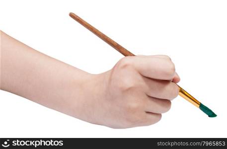 hand with artistic paintbrush paints in green isolated on white background
