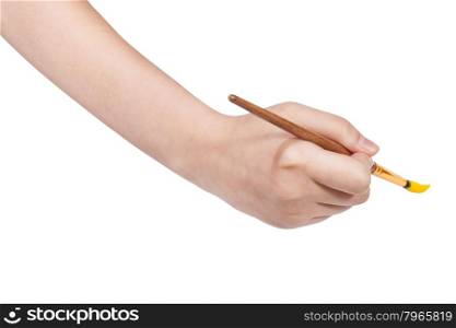 hand with artistic paintbrush paints in yellow isolated on white background