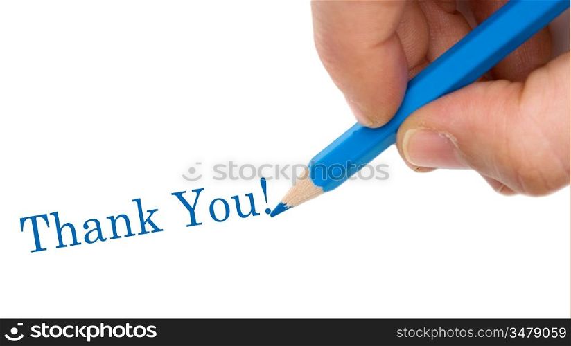 Hand with blue pen writing Thank You isolated over white