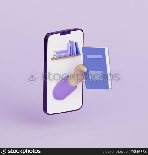 Hand with book appear from smartphone. Online learning concept, internet library, online education. Digital knowledge, e-book. 3d render illustration. 