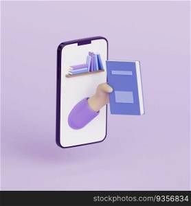 Hand with book appear from smartphone. Online learning concept, internet library, online education. Digital knowledge, e-book. 3d render illustration. 