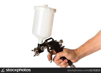 Hand with building Spray gun on a white background