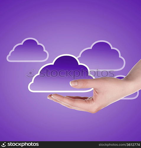 Hand with cloud computing symbol against colour background