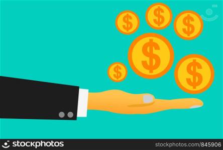 Hand with coins symbol for earning money, 3D rendering