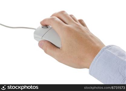 Hand with computer mouse over a white background