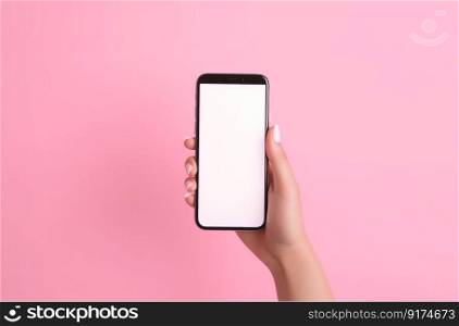 Hand with empty mockup phone on vivid background. Illustration Generative AI
