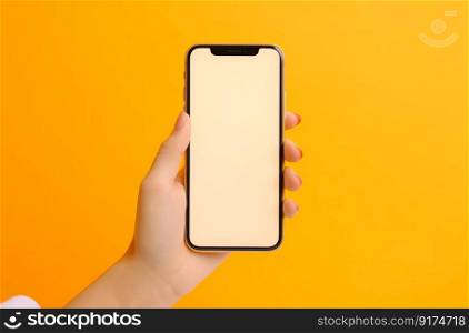 Hand with empty mockup phone on vivid background. Illustration Generative AI 